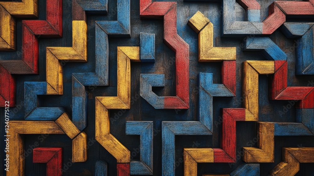 Poster a top-down view of a wooden maze, with narrow blue, red, and yellow paths, in an abstract generative