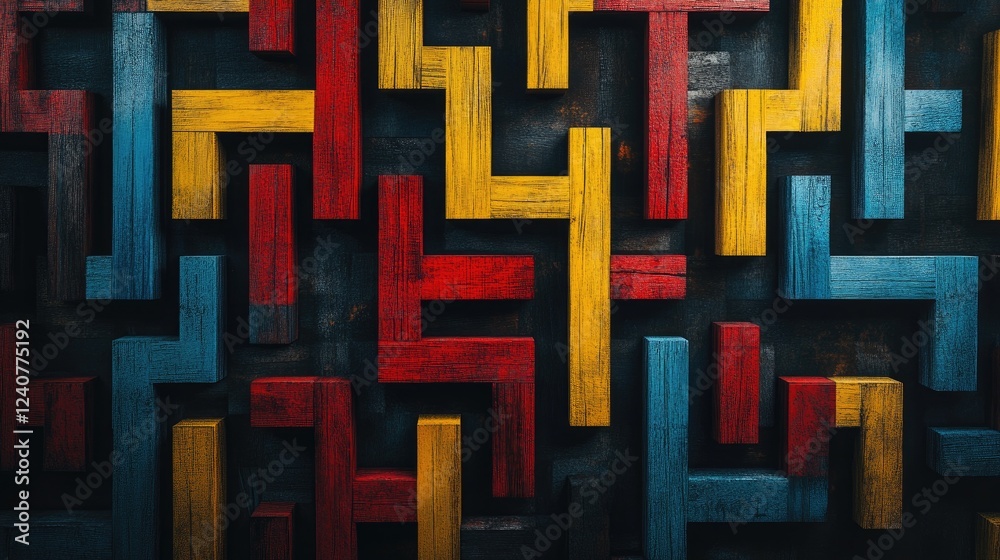 Poster a top-down view of a wooden maze, with narrow blue, red, and yellow paths, in an abstract generative