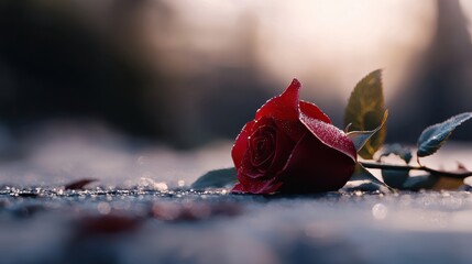 Single Red Rose with Glistening Petals Laying Peacefully on Ground in Soft Natural Light