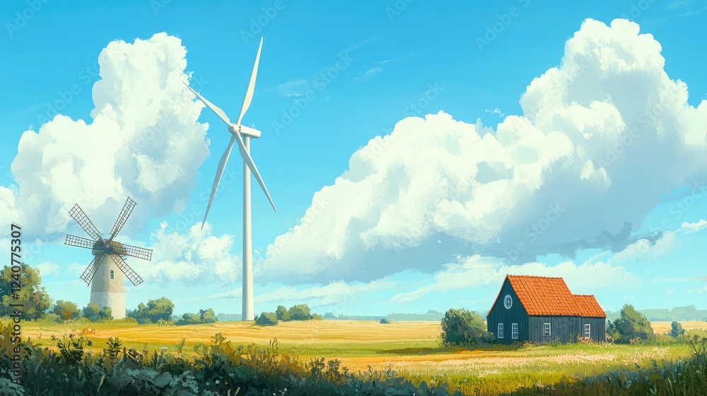 Poster a towering modern wind turbine looms over a traditional windmill, showcasing their size difference a