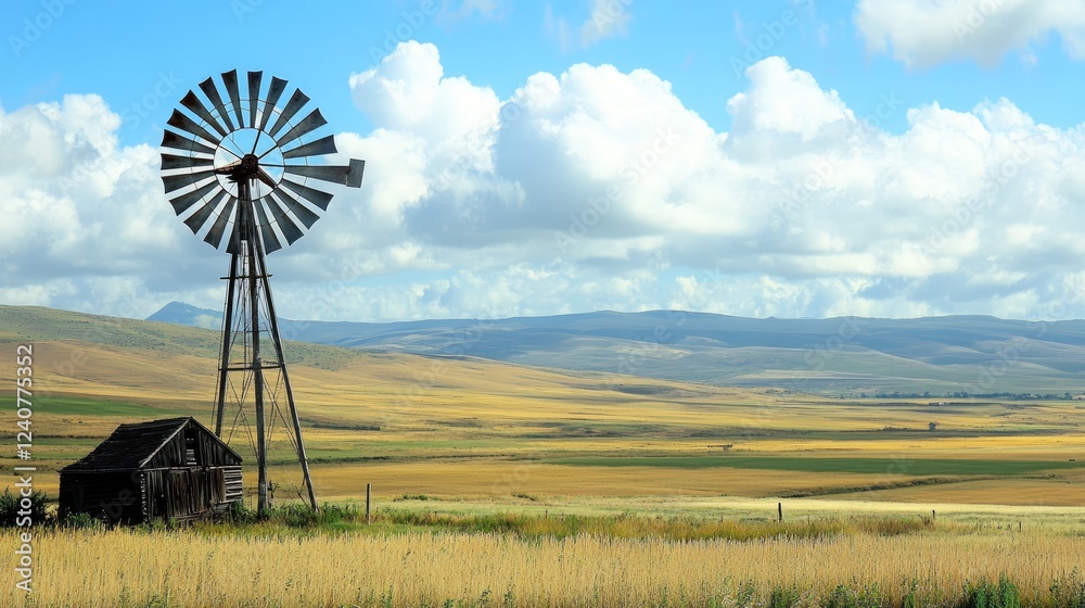 Poster a towering modern wind turbine looms over a traditional windmill, showcasing their size difference a