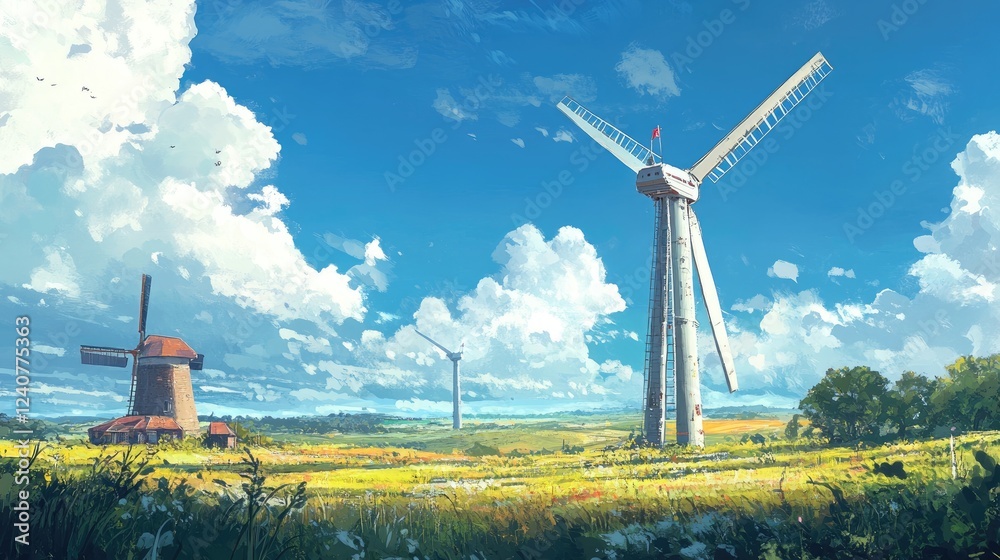 Poster a towering modern wind turbine looms over a traditional windmill, showcasing their size difference a