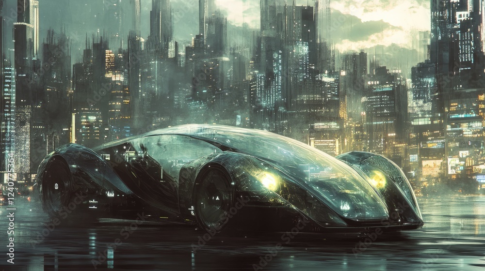 Aufkleber a transparent futuristic car against a city backdrop, rendered in a futuristic generative ai style, 