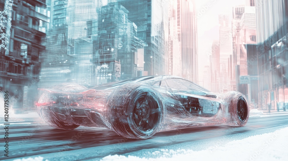 Poster a transparent futuristic car against a city backdrop, rendered in a futuristic generative ai style, 