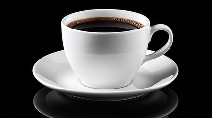 Obraz premium A white ceramic cup sits elegantly on a matching saucer, filled with rich black coffee