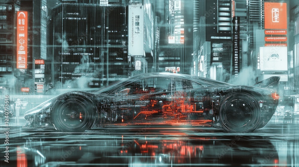 Poster a transparent futuristic car against a city backdrop, rendered in a futuristic generative ai style, 