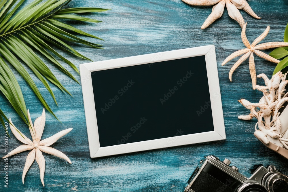 Aufkleber Creative space for text or design featuring tropical elements and vintage camera on blue wooden surface. Generative AI