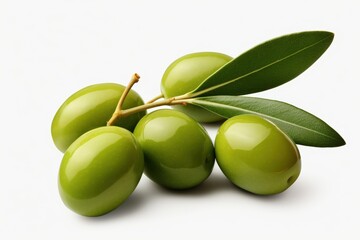 Fresh Green Olives with Leaves on White Background Perfect for Culinary or Natural Themed Design and Marketing Projects