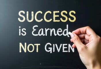 Handwriting 'Success is Earned, Not Given' on a Blackboard with White Chalk  Motivational quotes best for wall art or print