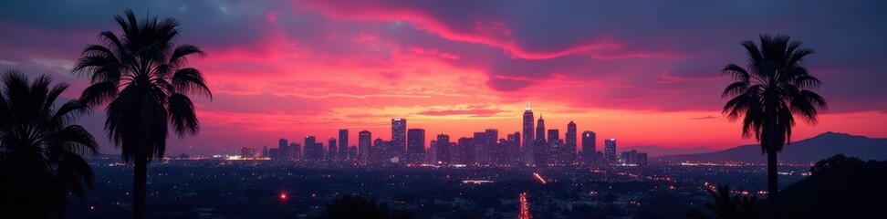 Fototapeta premium Dramatic LA skyline at dusk, palm fronds silhouetted , light, scene, illustration