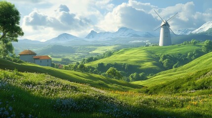 A vast, green valley with a traditional windmill and a modern wind turbine, both standing tall against the rolling hills in the background.