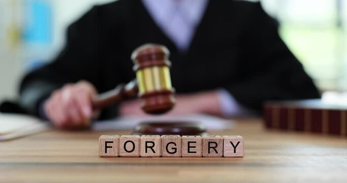 Professional judge pays attention to concluding statement of forgery case. Wooden cubes form word FORGERY on desk of judge. Slow motion