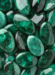 Fototapeta premium A pile of oval-shaped, glossy green stones with intricate patterns and textures. They appear to be made from jade or other semi-precious gemstones, reflecting light in various shades of emerald 