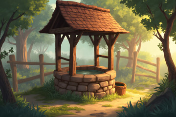 Highly detailed digital illustration of a traditional rural water well with a nostalgic mood in a cozy countryside landscape