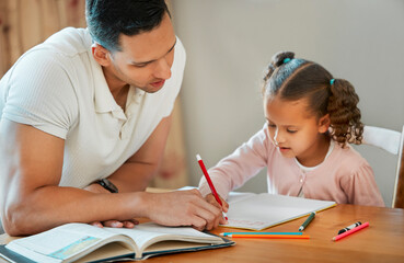 Dad, child or writing with book for homeschool, learning or education together at home. Father, kid or helping little girl with homework, project or preschool assignment for teaching or tutoring