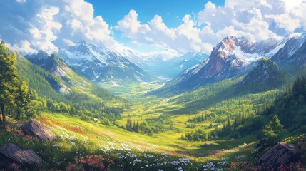 A vibrant, sunny summer day in the mountains, showcasing a breathtaking wide-angle view of the lush, expansive landscape, perfect for a travel holiday visual.