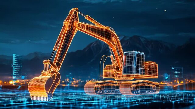 Futuristic excavator displayed in a digital, high-tech setting.