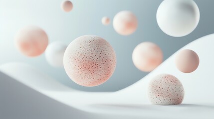 Abstract 3D rendering of textured spheres floating above a white, wavy surface.