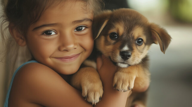 Smiling young girl holding a puppy, radiating warmth and joy, showcasing the precious bond between children and pets