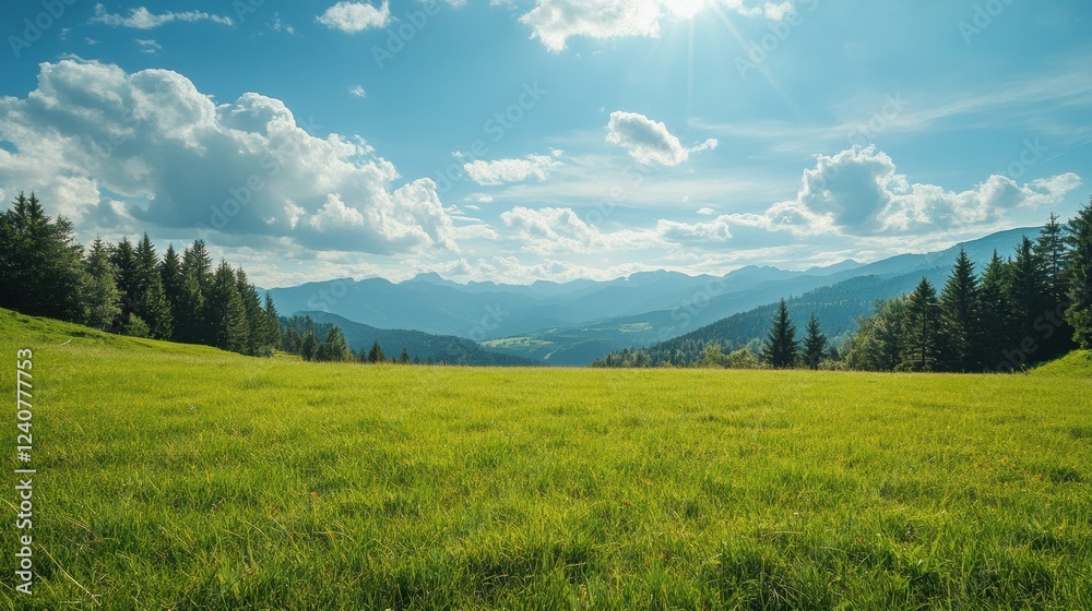 Poster scenic view of lush green meadow under blue sky with mountains in the background during a clear sunn