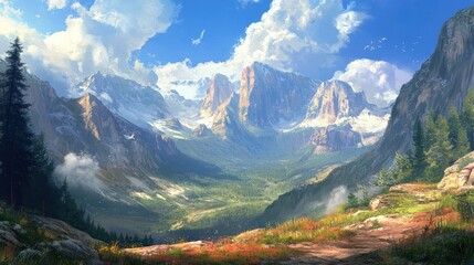 Fototapeta premium A wide-angle shot of a sunny summer day, capturing a panoramic view of towering mountains and inviting travelers to explore the scenic wilderness.