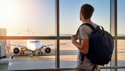 A young traveler with a backpack standing at an airport terminal, looking at the flight