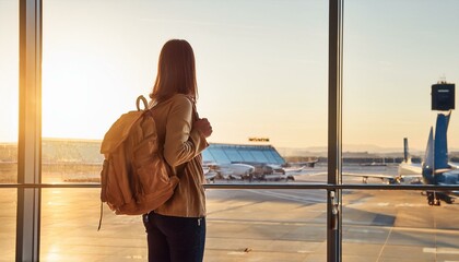 A young traveler with a backpack standing at an airport terminal, looking at the flight