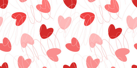 Red hearts cute seamless pattern with scribbles texture. Collection of red love heart illustrations hand drawn. Heart doodle background.