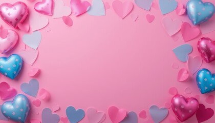 Romantic pink background with heart-shaped confetti perfect for Valentine's Day