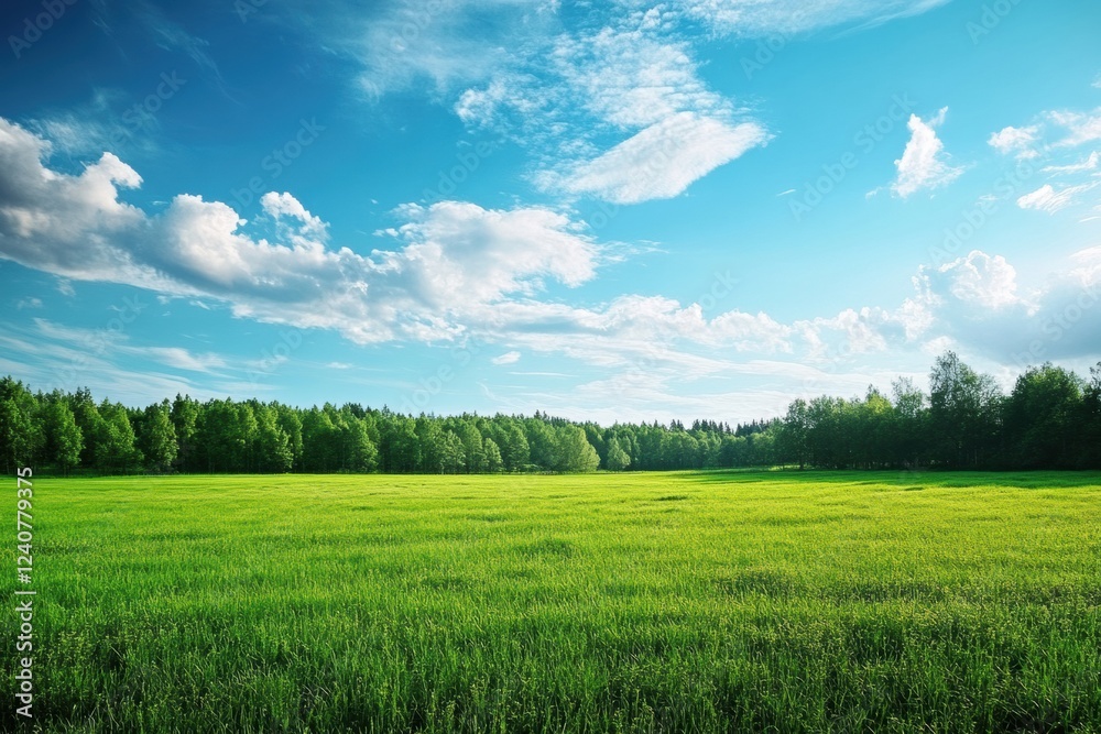 Poster expansive green meadow under a blue sky filled with fluffy clouds in a serene natural setting. gener