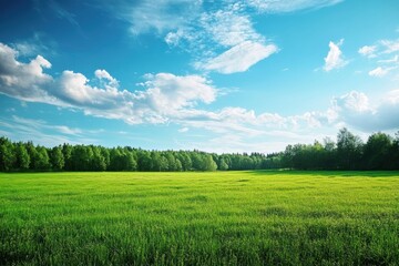 Obraz premium Expansive green meadow under a blue sky filled with fluffy clouds in a serene natural setting. Generative AI