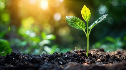 A small green plant grows in the dirt. The plant is small and has many leaves. The young plant grows out of the soil. Ecology concept. Farming, agriculture, gardening.	