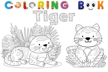 Coloring book of funny tigers, vector catoon illustration
