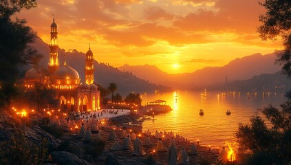 Obraz premium Serene sunset over a lake with a mosque reflecting golden hues and boats floating peacefully along the shore
