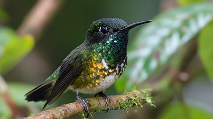 Fototapeta premium A vibrant hummingbird perched on a branch, showcasing its colorful plumage against a lush green background