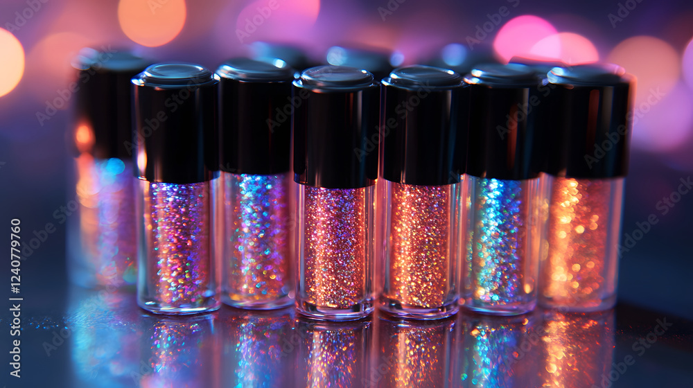 Poster a collection of sparkling glitter containers, beautifully arranged with a colorful bokeh background,