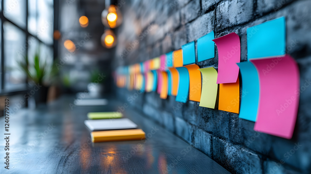 Poster a workspace featuring colorful sticky notes on a brick wall, illuminated by warm pendant lights, cre