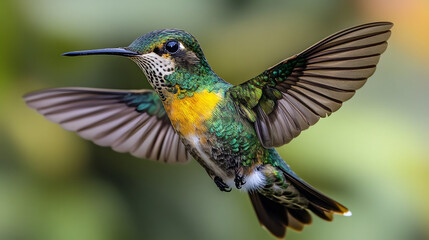 Fototapeta premium A vibrant hummingbird hovers in mid-air, showcasing its iridescent feathers and delicate wings against a blurred green background