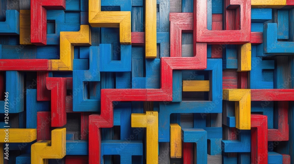 Poster an abstract, generative ai-inspired wooden maze with narrow, colorful paths in blue, red, and yellow