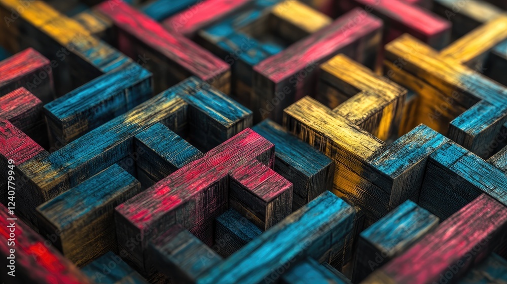 Poster an abstract, generative ai-inspired wooden maze with narrow, colorful paths in blue, red, and yellow