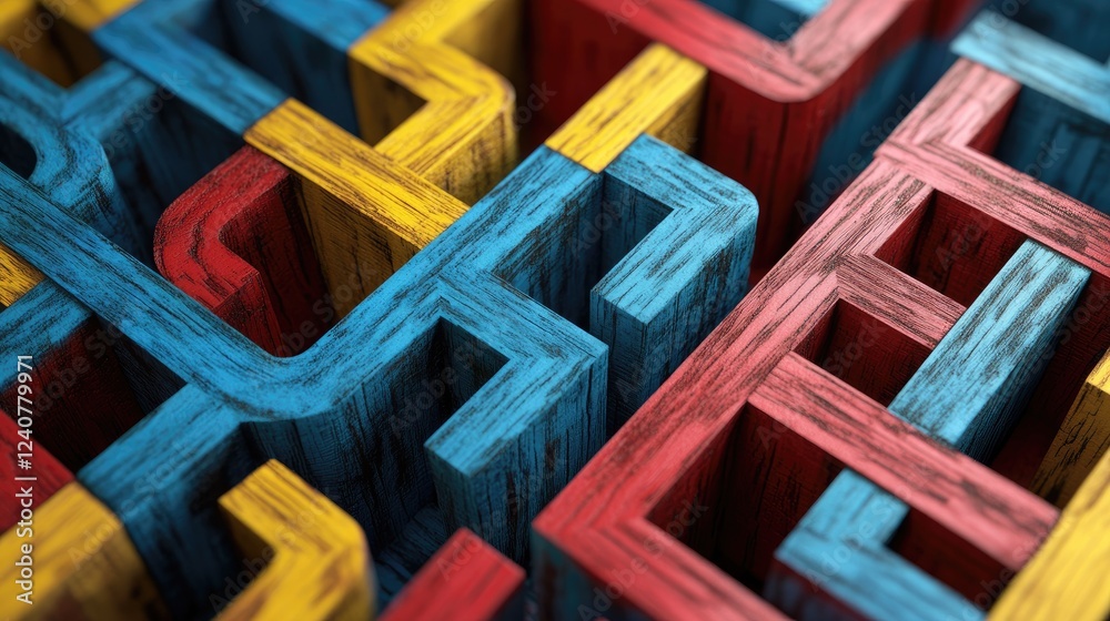 Poster an abstract, generative ai-inspired wooden maze with narrow, colorful paths in blue, red, and yellow