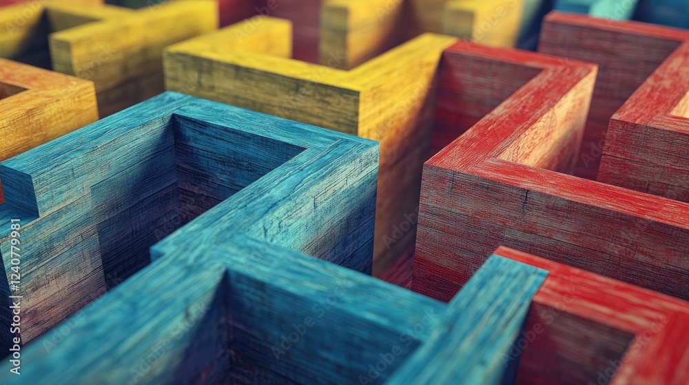 Poster an abstract, generative ai-inspired wooden maze with narrow, colorful paths in blue, red, and yellow