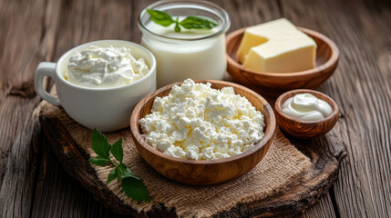 "An assortment of dairy products, including cottage cheese, sour cream, and butter, arranged on a rustic wooden setup."

