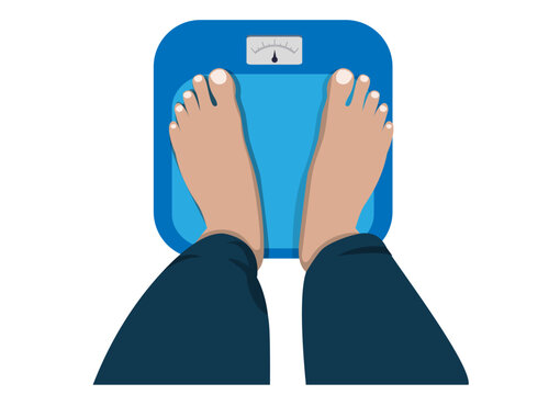 Foot on the scale. Top view. Weight measurement. Vector illustration