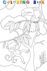 Coloring book of monkey with toucan in forest, vector catoon illustration