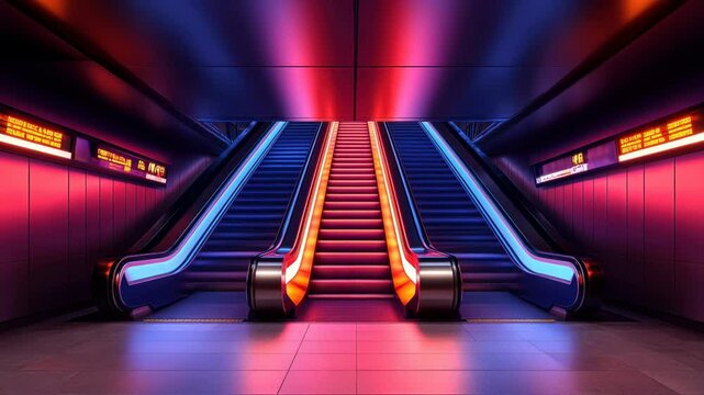 A brightly lit subway station with two escalators. The escalators are lit up in neon colors