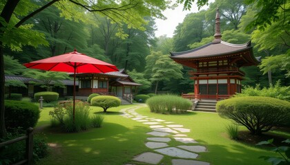 Fototapeta premium Serene Japanese Garden with Traditional Pagoda-Style Buildings and Lush Greenery