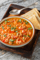 Stuffed pepper soup with ground beef, vegetables and rice closeup in the bowl on the table. Vertical