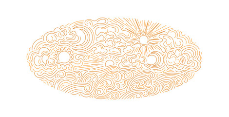 Sun, moon, cloud High waves, storm Line art symbol © Yauheniya_Bandaruk