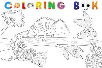 Coloring book of a chameleon with insects on tree, vector catoon illustration